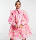 Asos Luxe Curve Chiffon Mini Swing Dress With Pussybow In Pink Floral-multi