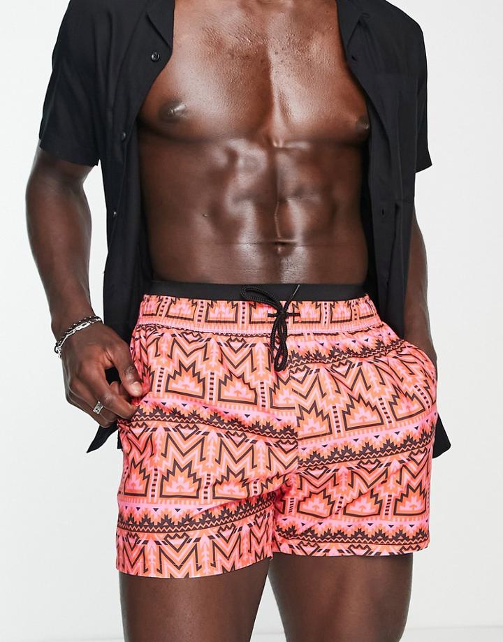 Asos Design Swim Shorts With Double Waistband In Pink Retro Print Short Length