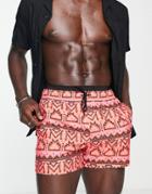 Asos Design Swim Shorts With Double Waistband In Pink Retro Print Short Length