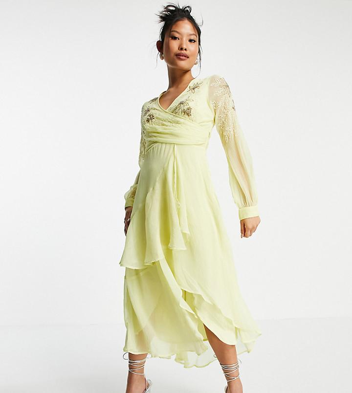 Asos Design Petite Embellished Wrap Waist Midi Dress With Double Layer Skirt & Long Sleeve In Soft Yellow-blues