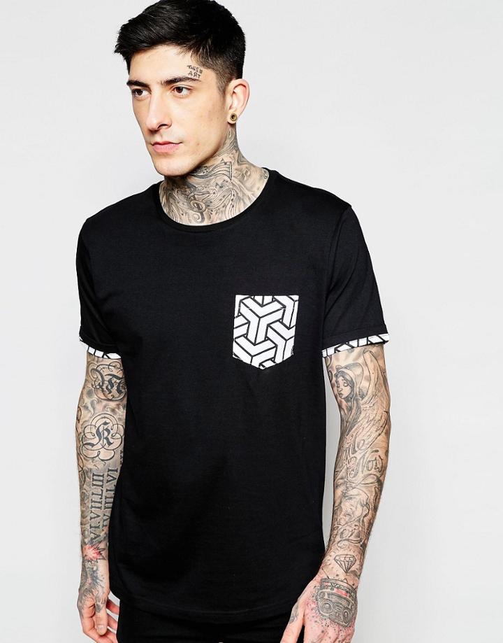 Brave Soul Graphic Print Contrast Pocket T-shirt - Black