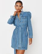 Missguided Denim Shirt Dress With Puff Sleeves In Blue-blues