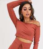 Fashionkilla Ribbed Off Shoulder Frill Crop Top In Rust-red