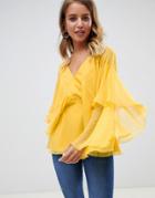 Asos Design Long Sleeve V Neck Top With Floaty Sleeve Detail-yellow