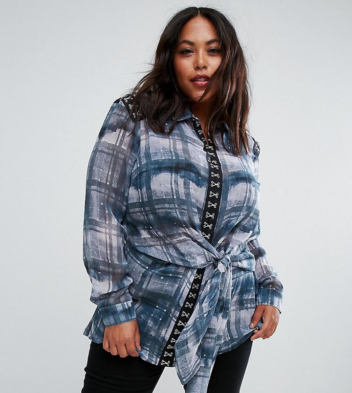 Asos Curve Deconstructed Blouse In Watercolor Check With Hook & Eye - Multi