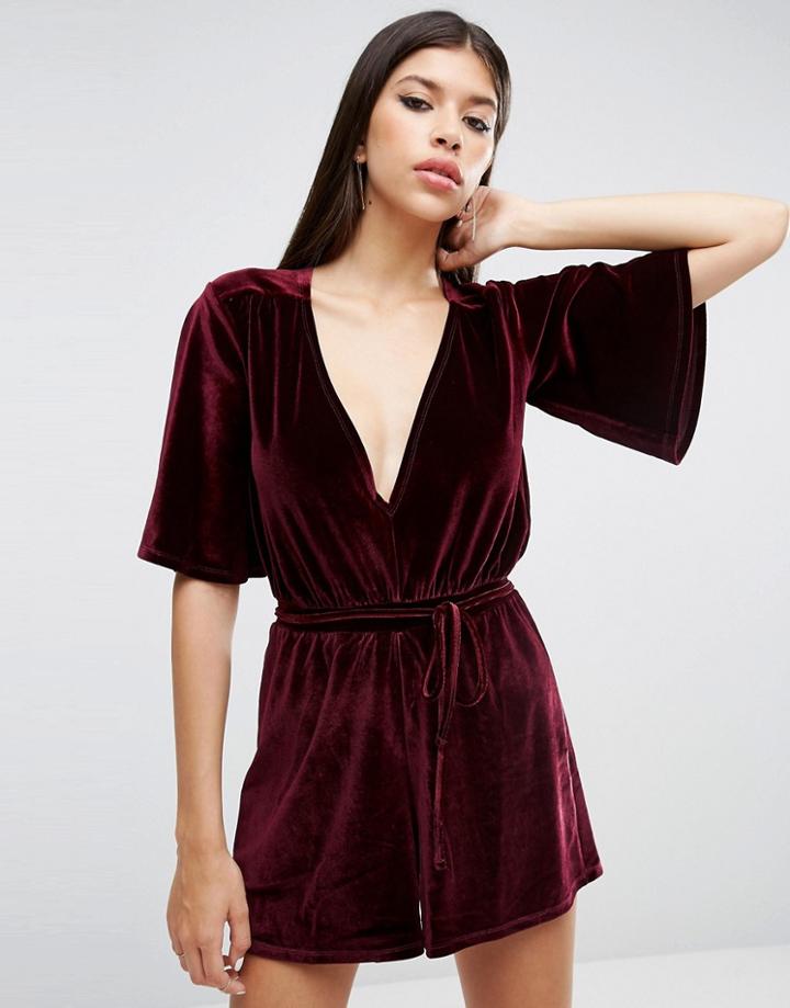 Asos Velvet Kimono Romper With Deep Plunge - Red