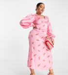 Never Fully Dressed Plus Balloon Sleeve Maxi Dress In Lobster Print-pink