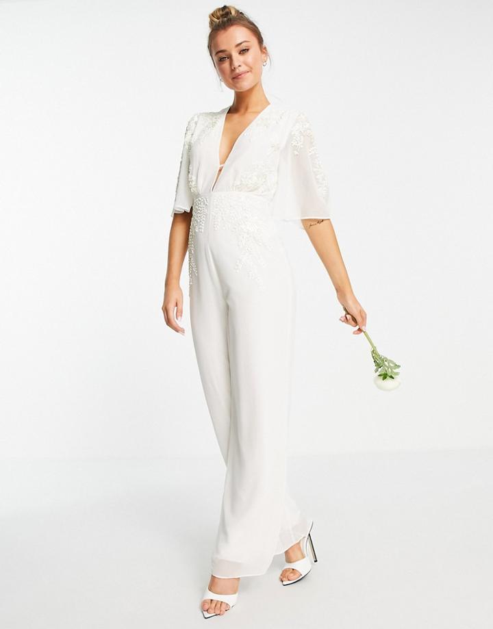 Hope & Ivy Bridal Plunge Embroidered Jumpsuit In Ivory-white
