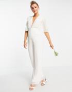 Hope & Ivy Bridal Plunge Embroidered Jumpsuit In Ivory-white