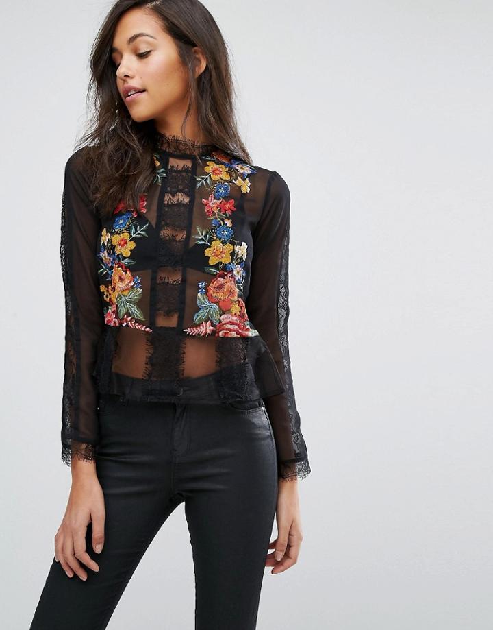 Miss Selfridge Lace And Floral Mix Blouse - Black