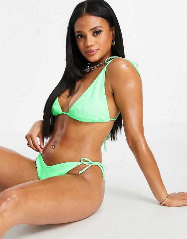 Asos Design Mix And Match Crinkle Tie Shoulder Triangle Bikini Top In Neon Green