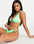 Asos Design Mix And Match Crinkle Tie Shoulder Triangle Bikini Top In Neon Green