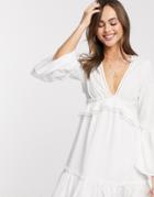 Asos Design Fluted Sleeve Open Back Skater Mini Dress With Lace Inserts In White