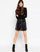 Asos A-line Skirt With Zip Front In Faux Pony Skin With Utility Pocket - Black