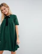 Asos Mini Smock Dress With Eyelet Detail And Grosgrain Tie - Green