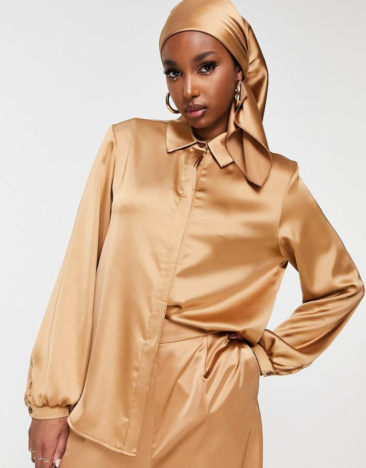 Flounce London Button Up Satin Shirt In Sand-neutral