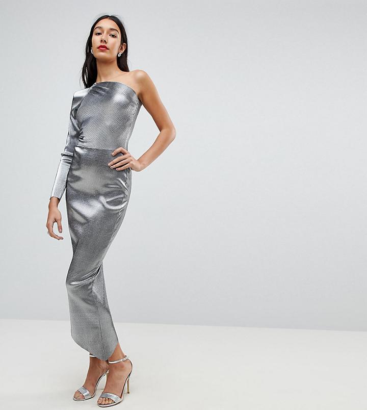 John Zack Tall One Shoulder Metallic Pencil Dress - Silver