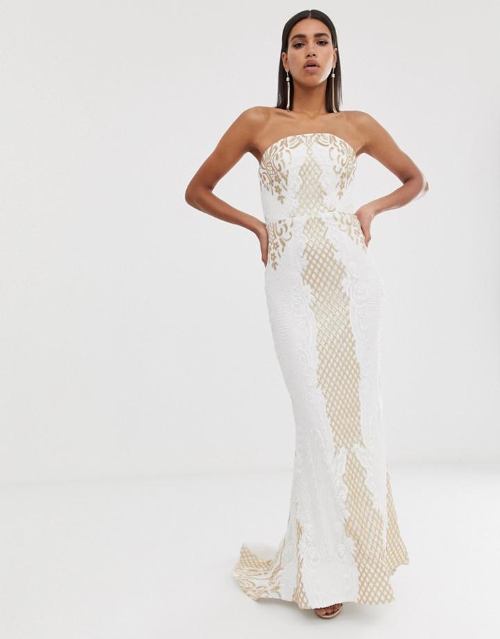 Bariano Embellished Patterned Sequin Maxi Gown With Train In White And Gold-purple