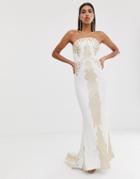 Bariano Embellished Patterned Sequin Maxi Gown With Train In White And Gold-purple