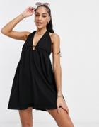 Asos Design Jersey Halter Plunge Beach Dress With Tie Back In Black
