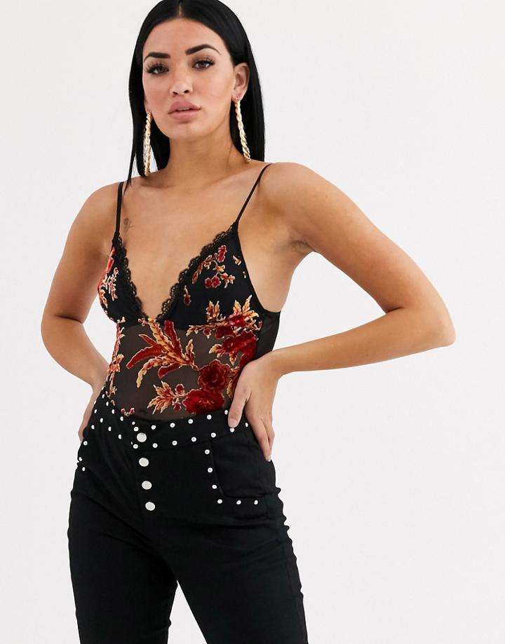 Tiger Mist Burnout Velvet Floral Lace Trim Cami Top In Multi