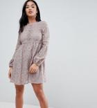 Little Mistress Petite All Over Lace Smock Dress With Bell Sleeve Detail - Gray