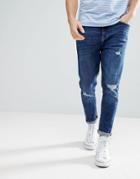 Bershka Skinny Tapered Jeans In Mid Blue Wash - Blue