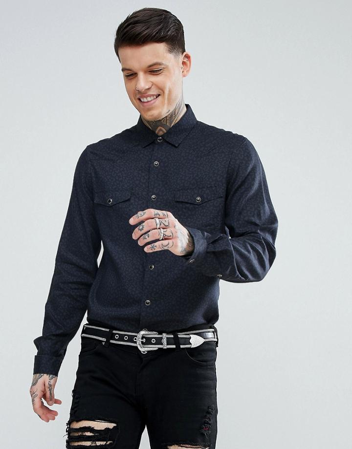 Asos Party Regular Fit Leopard Print Studded Shirt With Revere Collar - Black