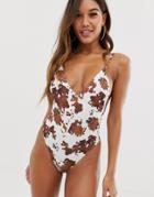 Asos Design Recycled Scoop Back Swimsuit In Cow Print - Multi