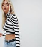 Asos Design Petite Stripe Crop T-shirt With High Neck And Long Sleeves - Multi