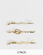 Asos Design Pack Of 3 Hair Clips In Snake Design In Gold Tone - Gold
