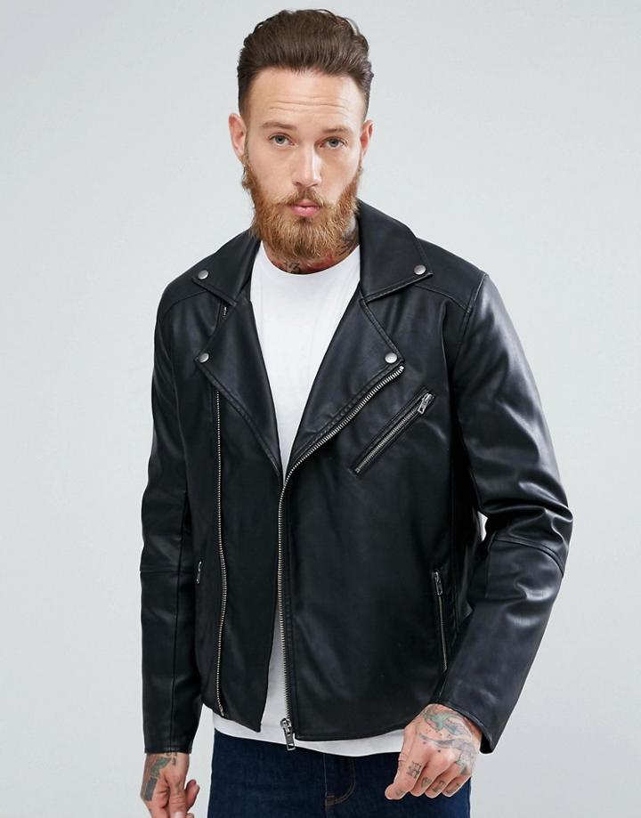 Asos Design Faux Leather Biker Jacket In Black - Black