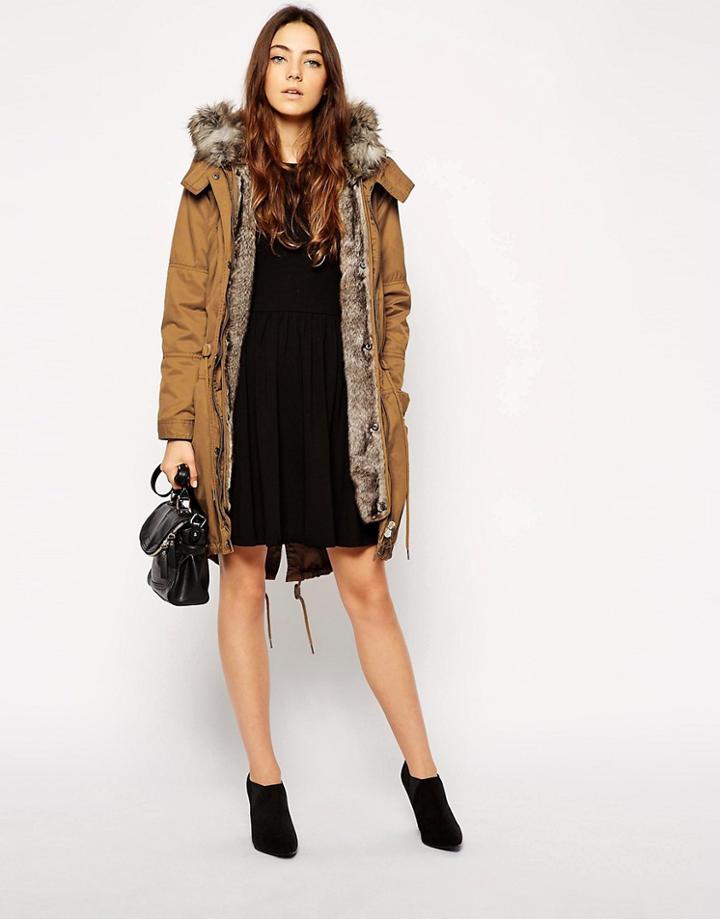 Asos Parka With Detachable Faux Fur Lining & Hood - Khaki $102.00