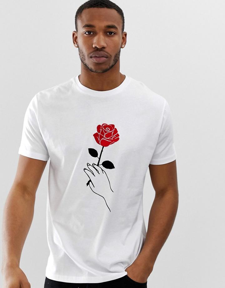 Asos Design Valentines Relaxed Fit T-shirt With Rose Embroidery And Hand Print - White