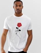 Asos Design Valentines Relaxed Fit T-shirt With Rose Embroidery And Hand Print - White
