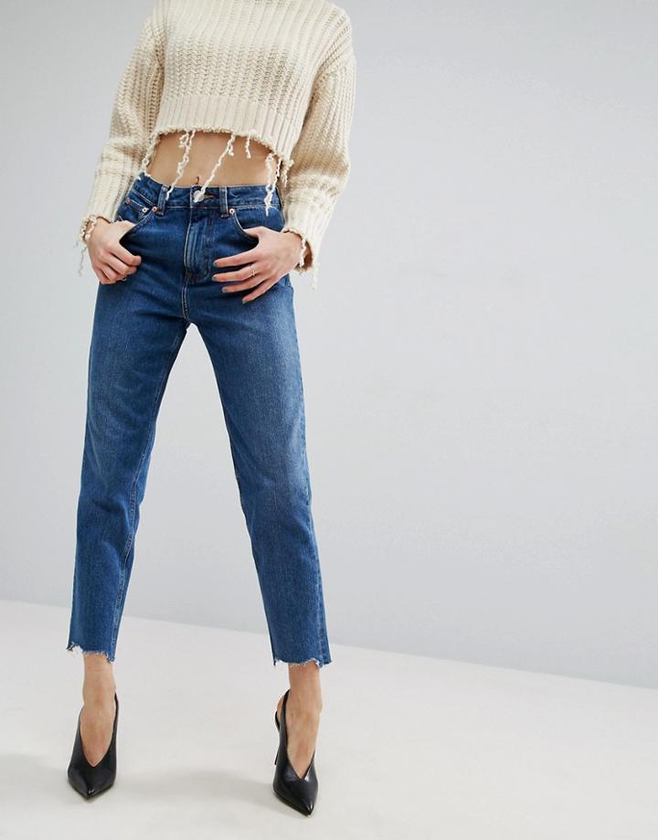 Asos Original Mom Jeans In Hailee Darkwash With Stepped Hem - Blue