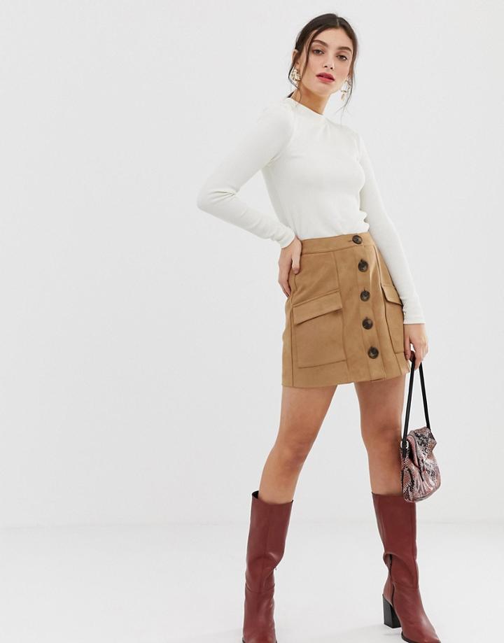 Stradivarius Faux Suede Button Front Mini Skirt In Beige - Beige