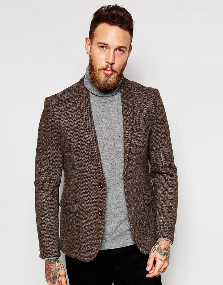 Asos Slim Blazer In Harris Tweed - Brown
