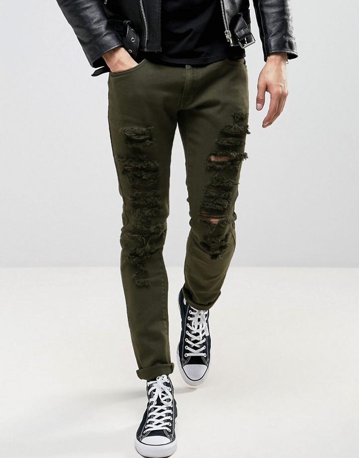 Liquor & Poker Green Wash Extreme Rips Slim Jeans - Green