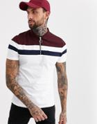 Asos Design Polo Shirt With Color Block And Zip Neck In White
