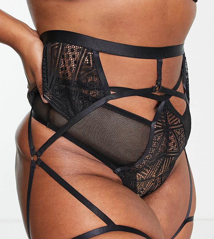 We Are We Wear Curve Geo Lace Suspender Leg Harness In Black