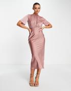 Asos Design Bridesmaid Satin Maxi Dress With Flutter Sleeves And Open Back In Toffee-pink