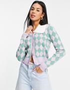 Y.a.s Collar Detail Cardigan In Lilac And Green Checkerboard-purple