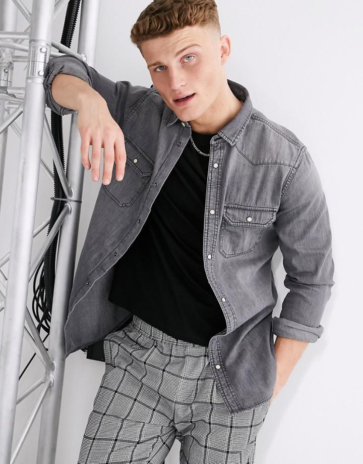 River Island Western Denim Shirt In Gray-grey
