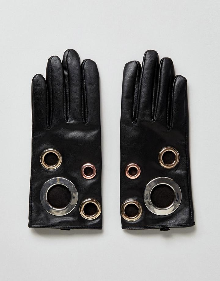 Asos Black Leather Eyelet Glove With Touch Screen - Black