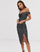 Asos Design Off Shoulder Knot Detail Spot Pencil Dress - Multi