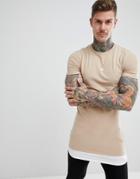 Asos Design Super Longline Muscle T-shirt With Contrast Hem Extender In Beige - Beige