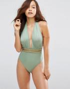 Asos Gold Trim Belted Plunge Swimsuit