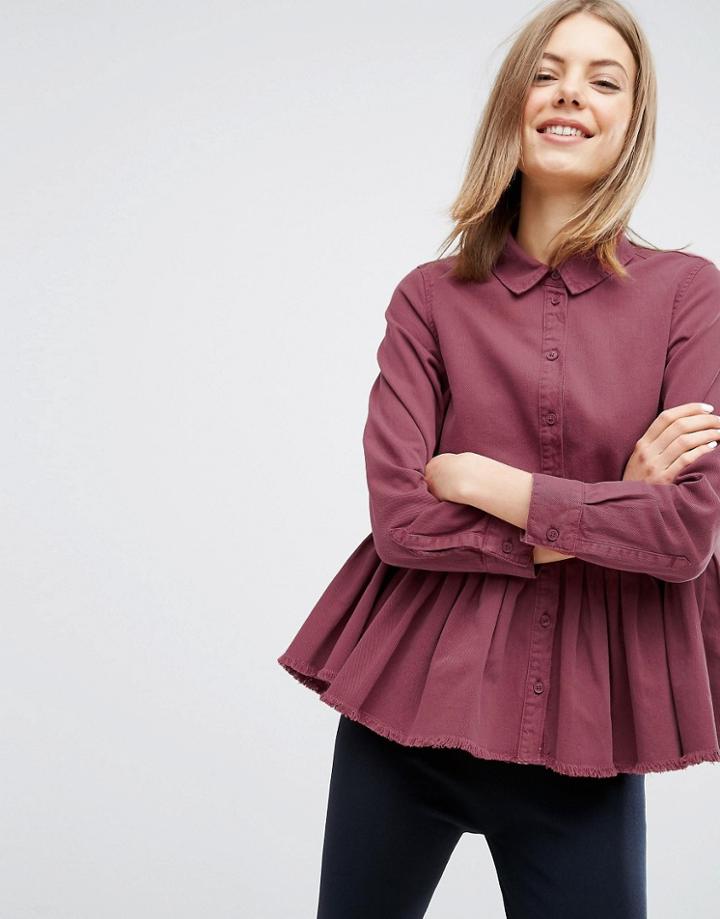 Asos Denim Pleated Shirt In Washed Raspberry Red - Red