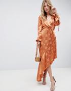 Asos Design Soft Floral Jacquard Midi Dress With Asymmetric Hem - Orange